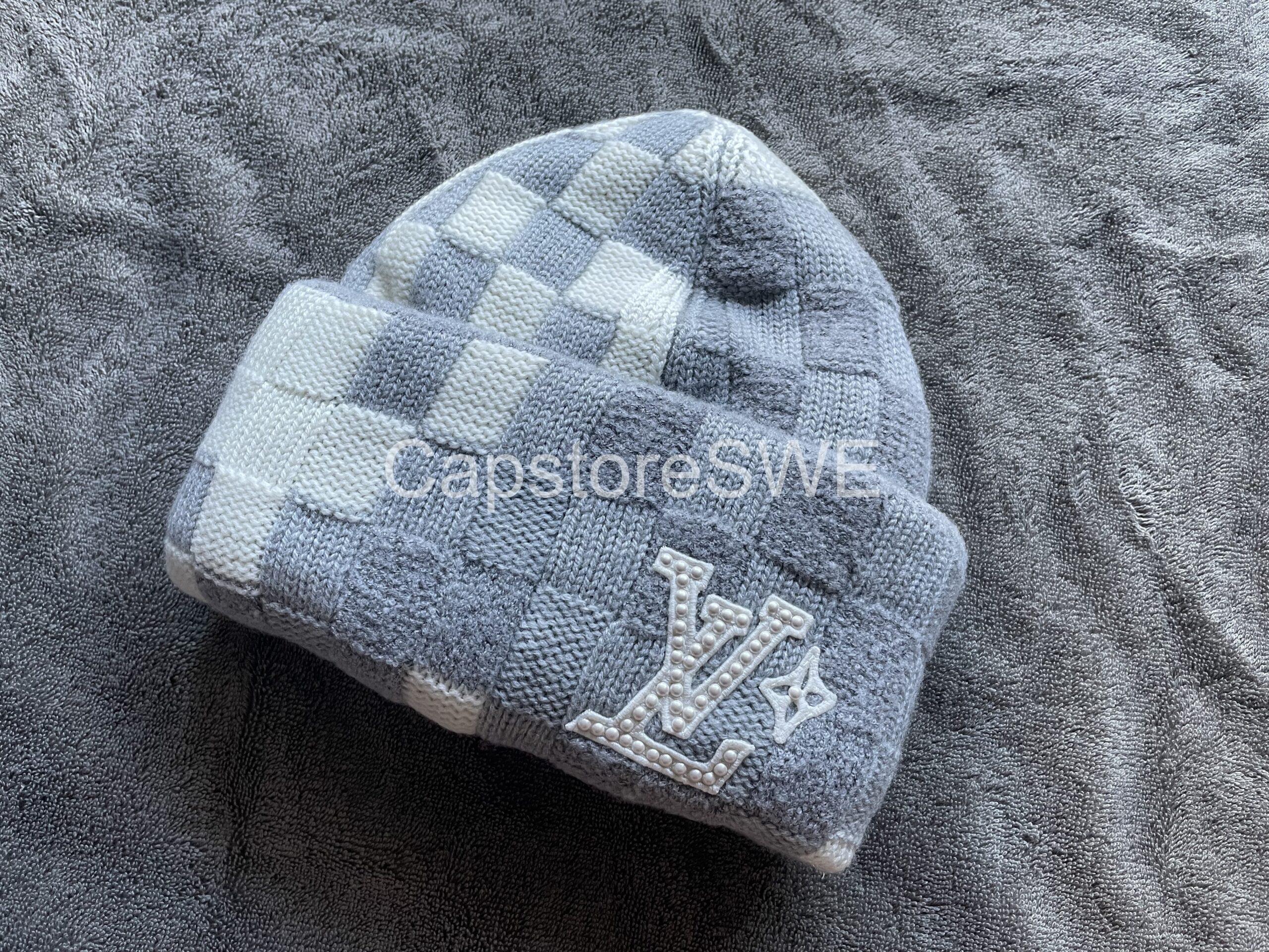 louis vuitton damier knit beanie with pearl lv logo – grey/white louis vuitton damier knit beanie with pearl lv logo – grey/white