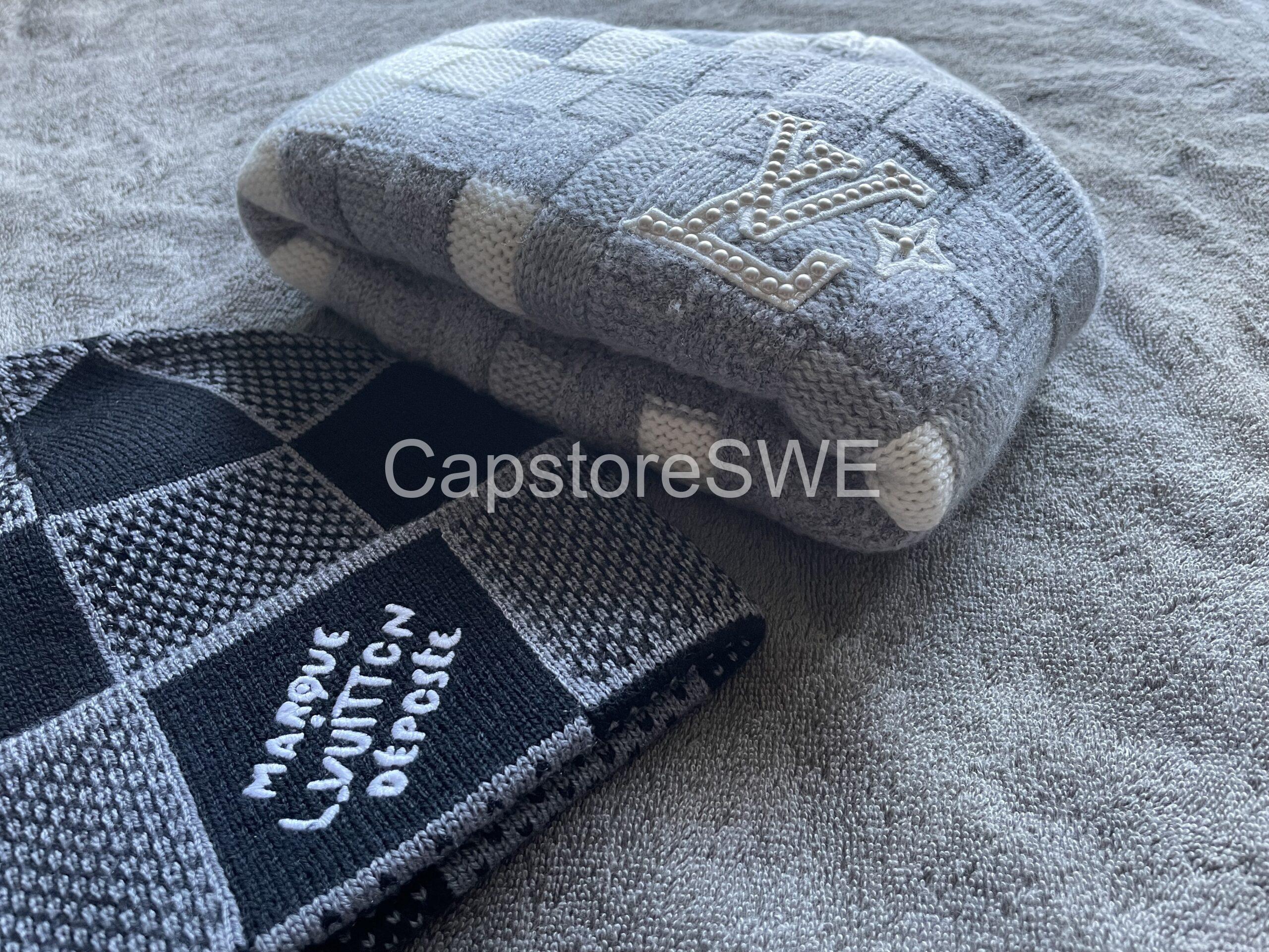 louis vuitton damier knit beanie with pearl lv logo – grey/white louis vuitton damier knit beanie with pearl lv logo – grey/white