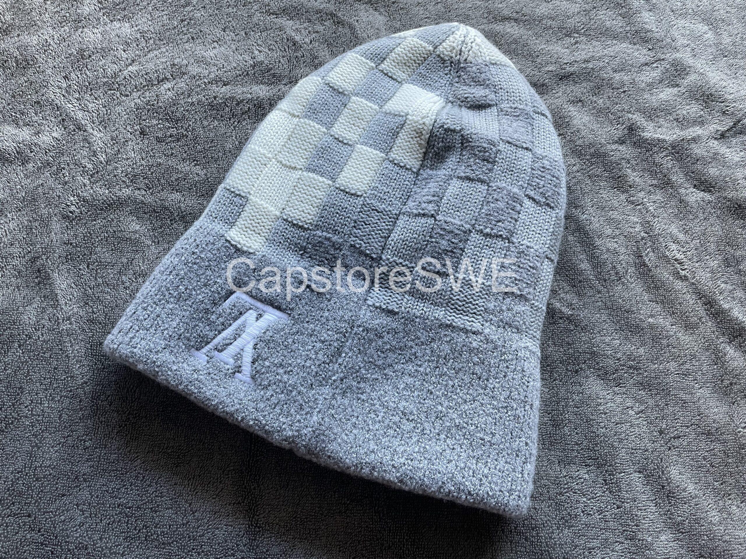 louis vuitton damier knit beanie with pearl lv logo – grey/white louis vuitton damier knit beanie with pearl lv logo – grey/white